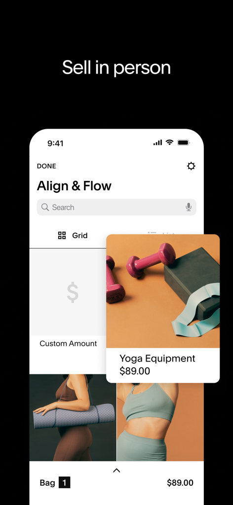 Squarespace Mobile App-Oberfläche für den persönlichen Verkauf, die ein Yoga-Ausrüstungsprodukt in einem Kassensystem zeigt