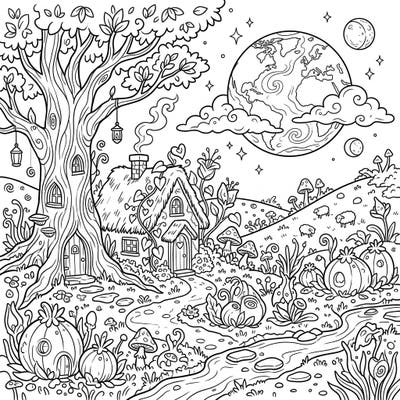 Escape to a whimsical exoplanet where cottagecore charm meets cosmic wonder. This delightful coloring page invites you to imagine a peaceful, alien landscape filled with cozy homes and lush, extraterrestrial flora.