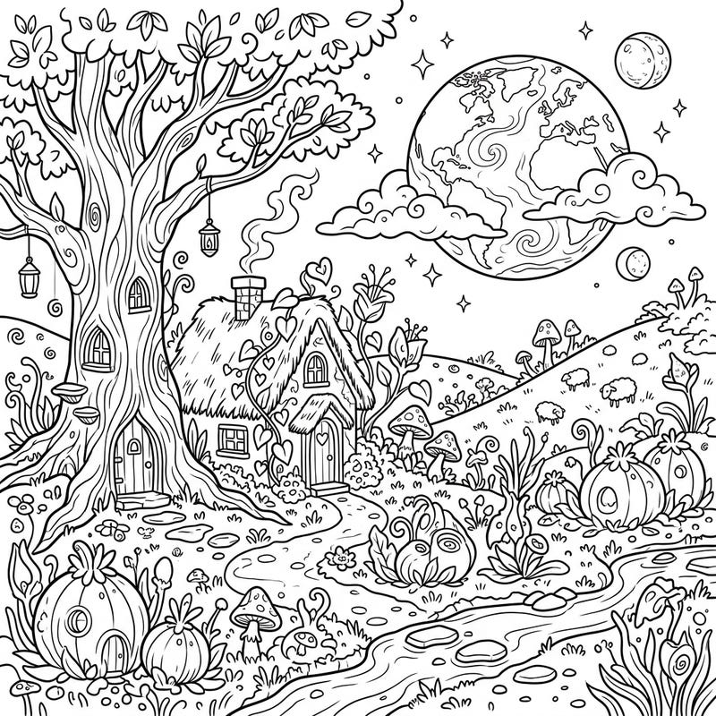 Escape to a whimsical exoplanet where cottagecore charm meets cosmic wonder. This delightful coloring page invites you to imagine a peaceful, alien landscape filled with cozy homes and lush, extraterrestrial flora.