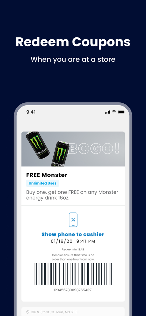 Good To Go & My Good Rewards - A mobile app screen showing a buy one get one free Monster energy drink coupon with a barcode for in-store redemption.