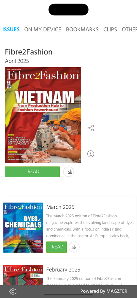 Fibre2Fashion (Magazine) - Interface of the Fibre2Fashion app showing a list of digital magazine issues for the textile and apparel industry.