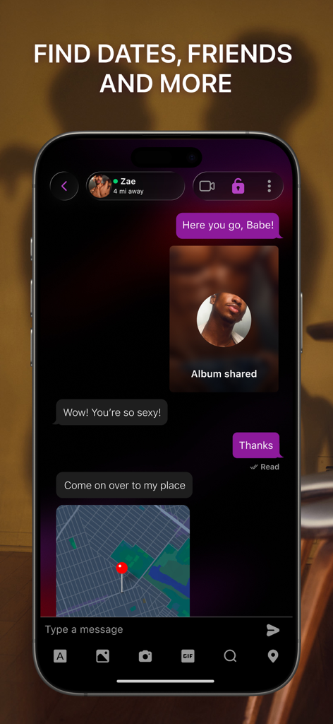 Jackd mobile app chat interface showing messaging features shared albums and location map
