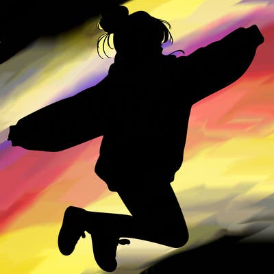 realistic girl jumping with a bun and oversized sweatshirt