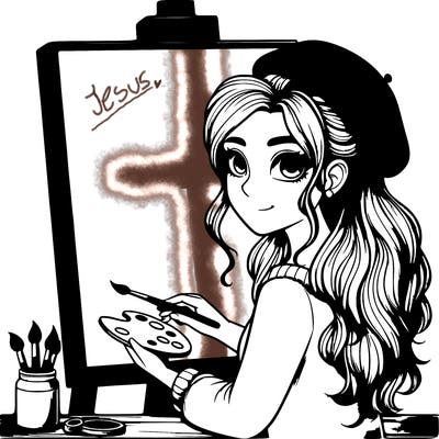 realistic girl artist painting a blank canvas