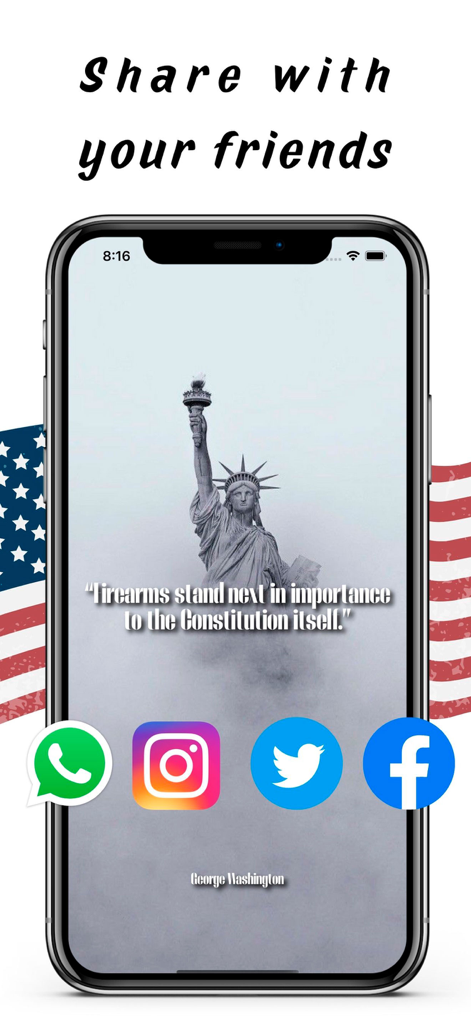 소셜 미디어 공유 옵션과 함께 조지 워싱턴 명언이 표시되는 모바일 앱 화면