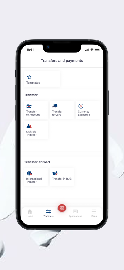 ArmSwiss Mobile Banking - ArmSwiss Mobile Banking app interface displaying international transfer and currency exchange options