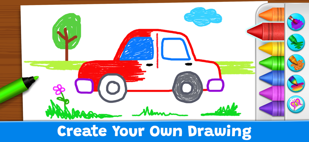お絵かきゲームアプリのクレヨンとツールを使って、子供がデジタルで描いた赤い車。