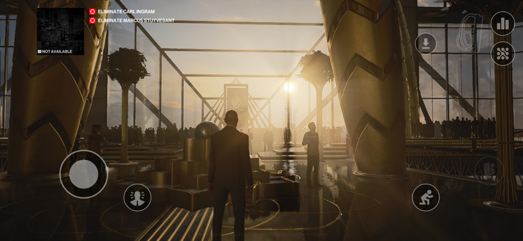 Agent 47 in a sunlit luxury skyscraper during the Dubai mission in Hitman World of Assassination on mobile