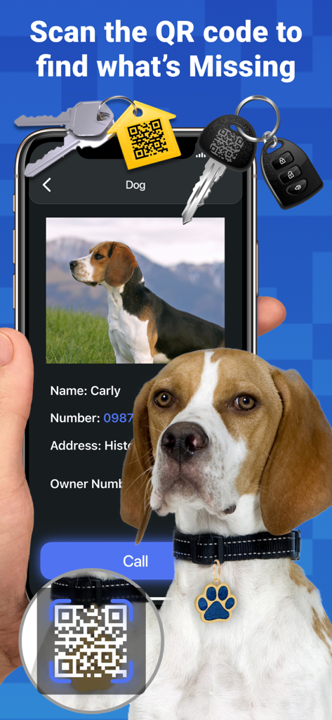 QR Scanner and Code Reader - La interfaz de una aplicación de escáner QR que muestra información del dueño de un perro perdido después de escanear una etiqueta del collar.