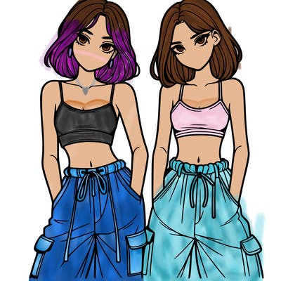 two girls with crop top with baggy pants