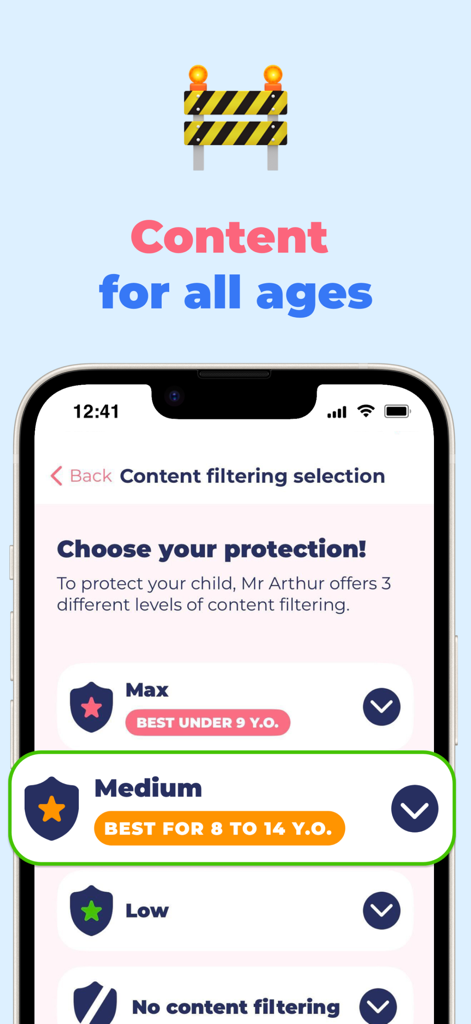MrArthur parental control app screen showing different content filtering levels for different ages