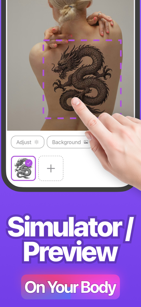 AI Tattoo Generator: Flashes - Mobile app interface showing a dragon tattoo design simulated on a persons back.