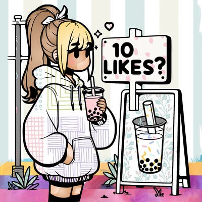 girl with oversized hoodie drinking boba and she has a high ponytail with a sign that says 10likes?