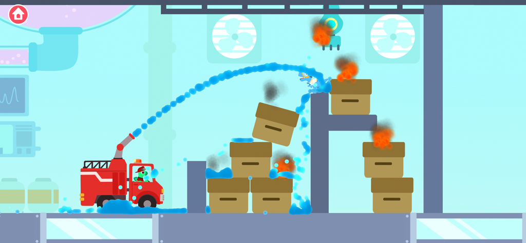A cartoon dinosaur driving a red fire truck and spraying water to extinguish fires on boxes in a factory level.