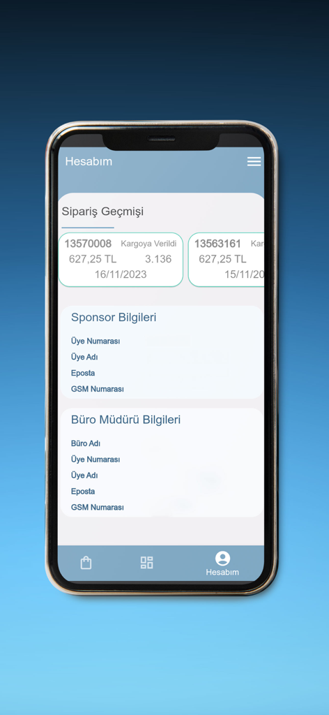 Ersağ - Ersağ mobile app interface showing user order history and sponsor information on the account screen