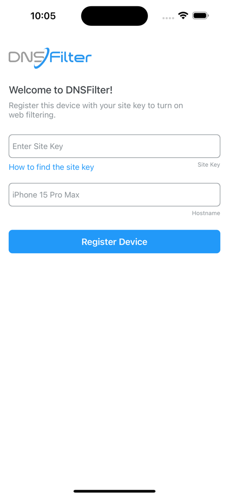 DNSFilter Roaming Client registration screen with site key input on an iPhone