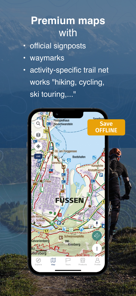 KOMPASS Outdoor & Hiking Maps - iPhone screen showing the KOMPASS app with a detailed topographic map of Fussen and premium outdoor features