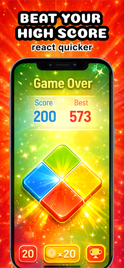 Buttons • Reaction time Game - Buttons reaction game UI showing the high score and colorful tap buttons on an iPhone screen.