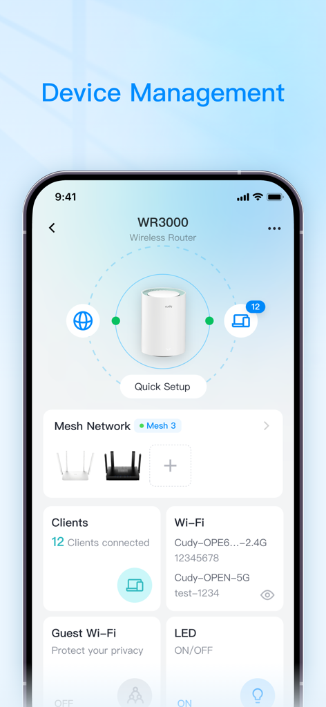 Cudy - Cudy app dashboard showing wireless router status mesh network settings and connected clients