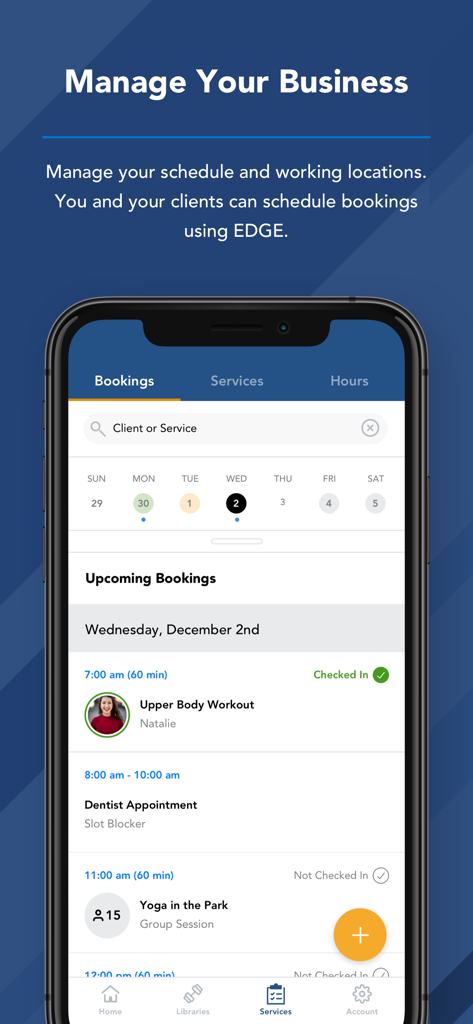 Mobile screen showing a personal trainer's daily schedule and client bookings in the NASM EDGE app