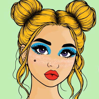 realistic girl with two buns on her hair and lips