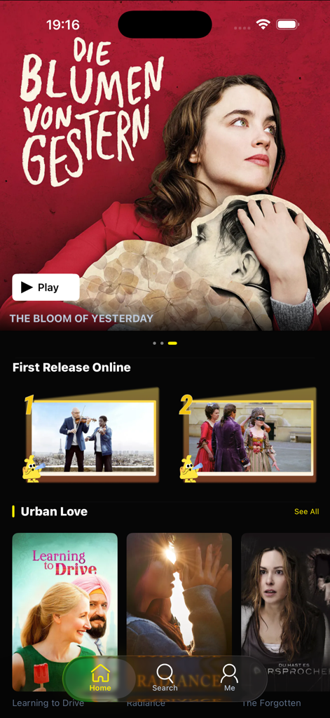 LOKTV: Video Player HD - Home screen of LOKTV app showing featured movies and video categories like First Release Online and Urban Love