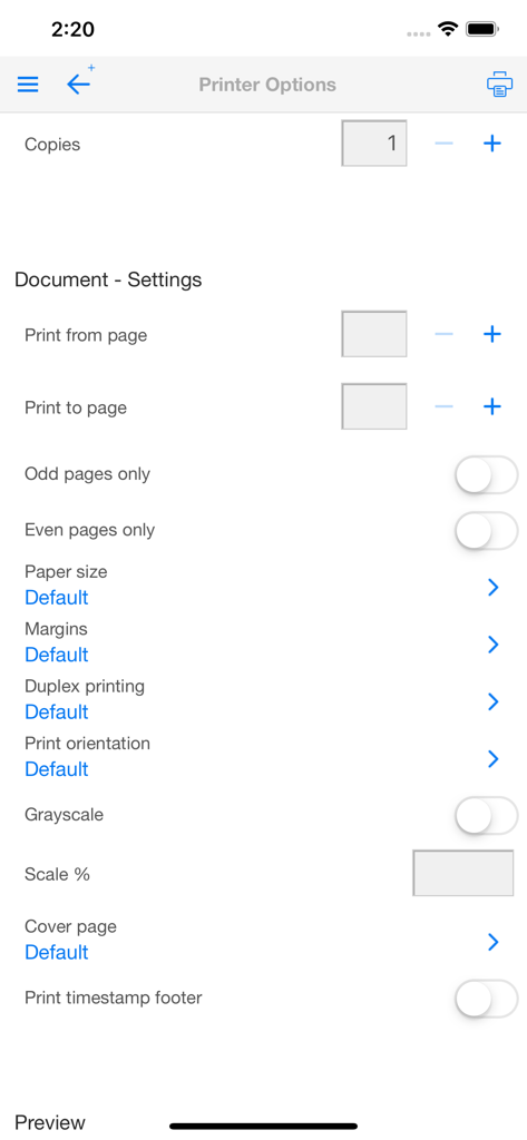 PrintCentral for iPhone - Pantalla de opciones de impresora en PrintCentral para iPhone mostrando configuraciones avanzadas para copias, rango de páginas, tamaño de papel y impresión dúplex.