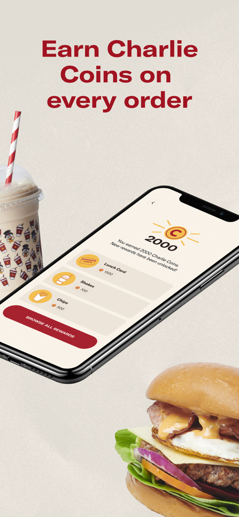 Chargrill Charlie's mobile app screen showing Charlie Coins balance and food rewards next to a burger and milkshake.