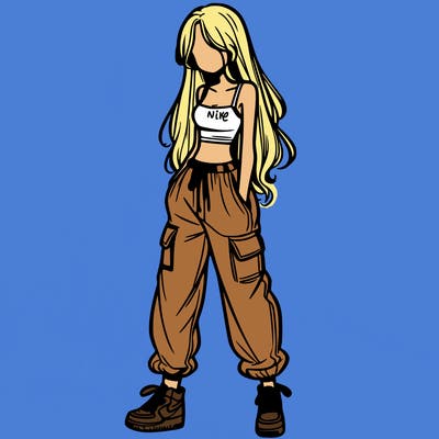 girl in baggy pants crop top and long hair