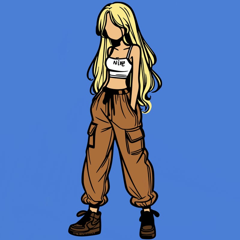 girl in baggy pants crop top and long hair