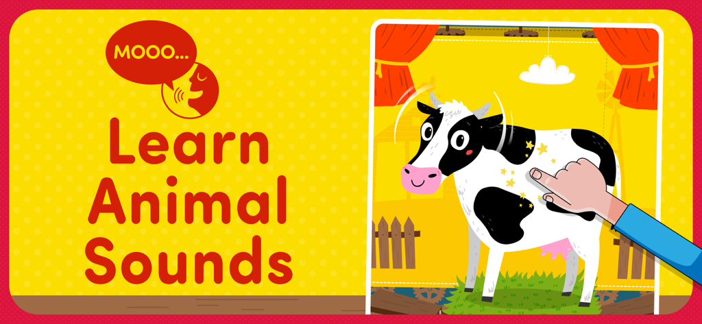 Una vaca interactiva en una granja con un texto que dice Aprende Sonidos de Animales y una mano tocando la pantalla