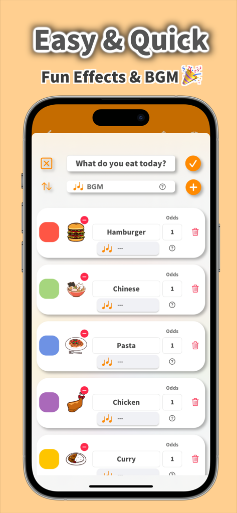 Écran de smartphone montrant la personnalisation des options alimentaires pour une roue de sélection aléatoire