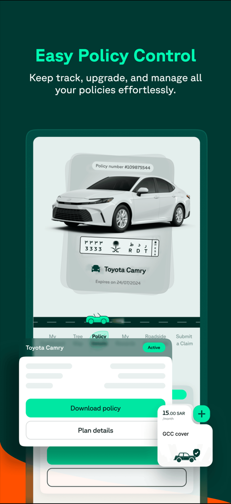Tree Insurance - Tree Insurance app screen showing car policy details and management options