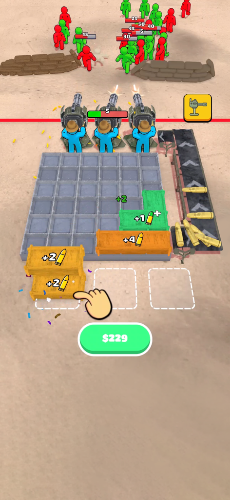 Ammo Fever: Tower Gun Defense - Gameplay of Ammo Fever showing the ammo box merge grid and tower defense combat