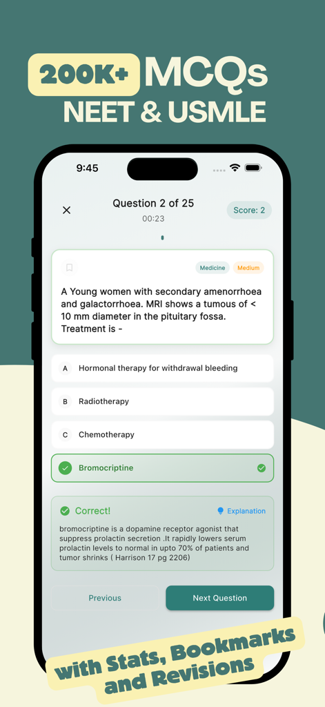 MedDose Pro - MCQs & Diseases - MedDose Pro app interface showing a medical multiple choice question for USMLE and NEET preparation with a detailed explanation.