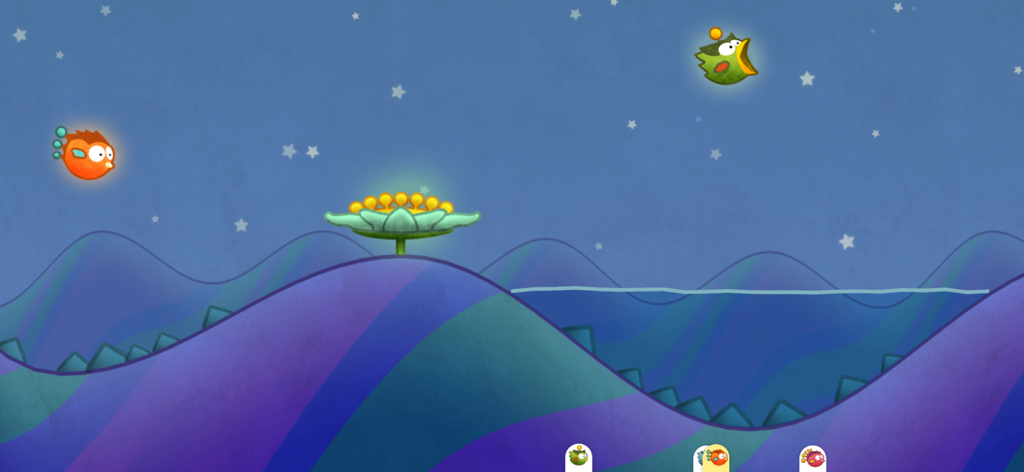 Tiny Wings - Gameplay screenshot of Tiny Wings showing two birds flying over purple hills in night mode