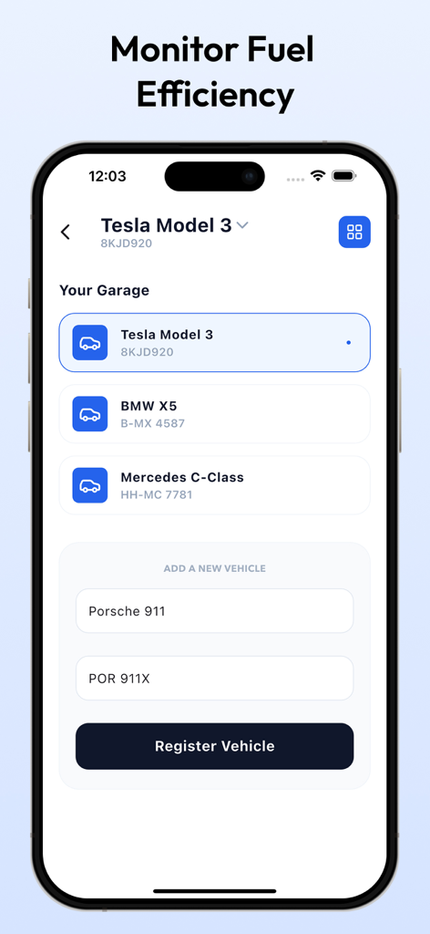 Vehicle Expense Tracker - The garage screen of the Vehicle Expense Tracker app showing a list of registered cars and a form to add a new vehicle.