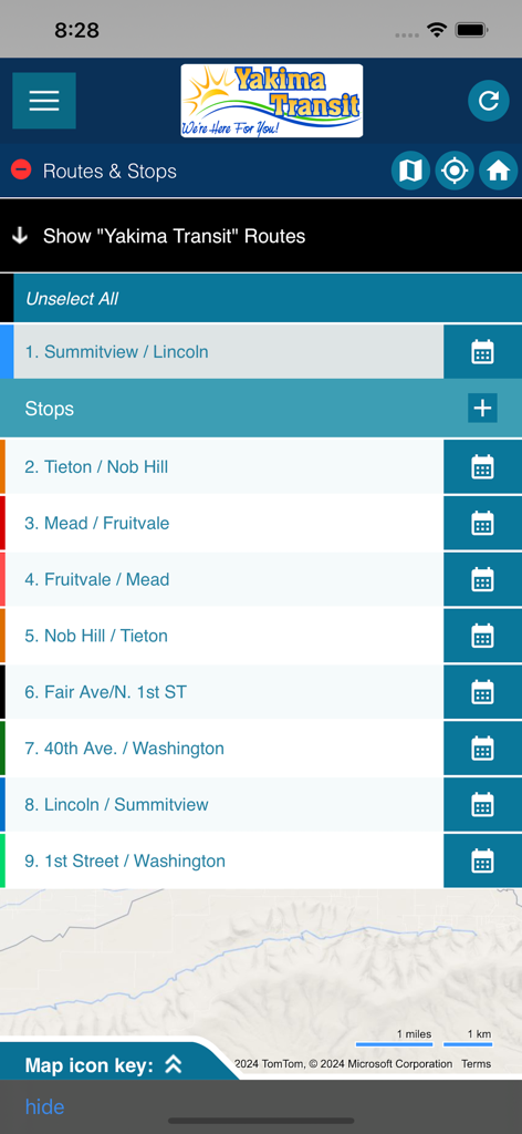 Yakima Transit - Interface de l'application Yakima Transit affichant une liste des itinéraires de bus et des arrêts disponibles