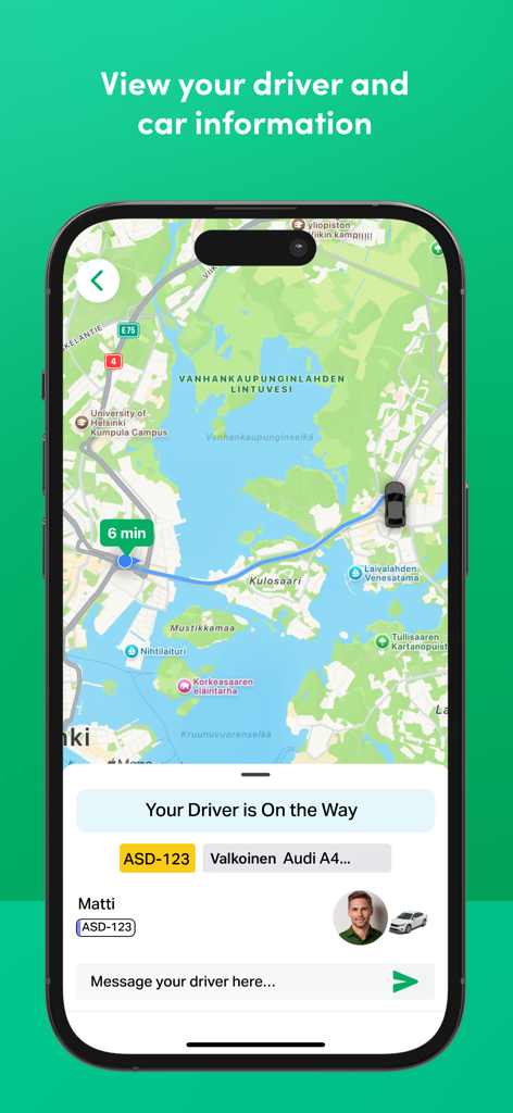 Menevä Taksi - A smartphone screen displaying the Meneva Taksi app with real-time driver tracking and car details on a map of Helsinki