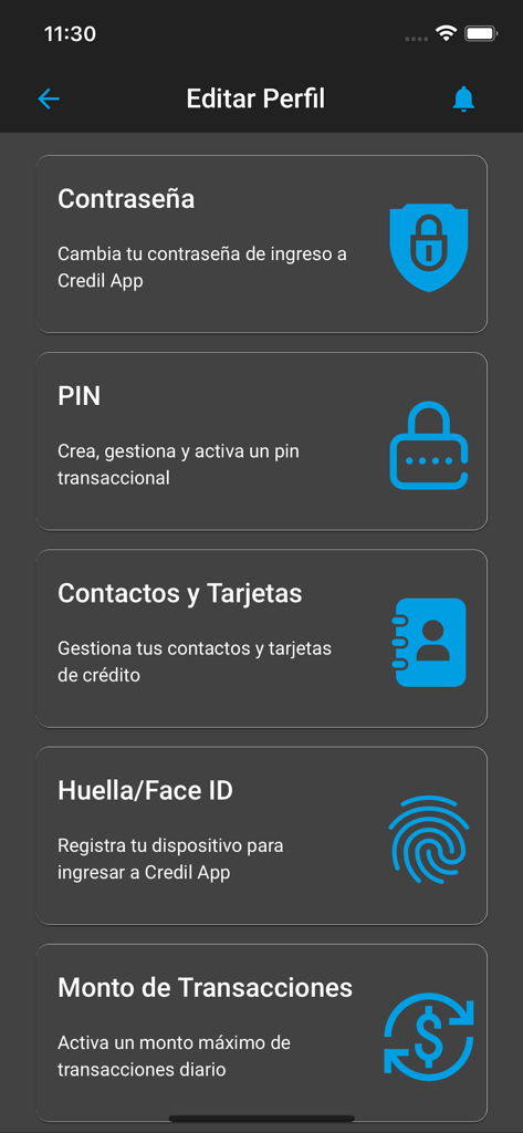 Cacspmec Móvil - Pantalla de edición de perfil de Cacspmec Movil con configuraciones de seguridad y transacciones