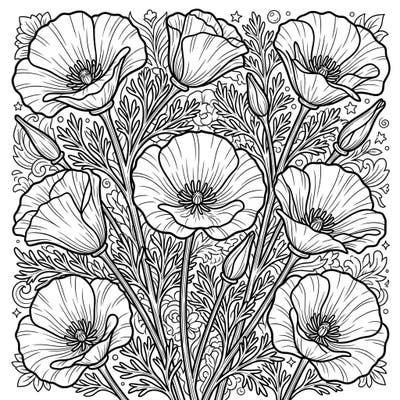 Explore the vibrant beauty of California Poppies with this intricate coloring page designed especially for teens. Featuring detailed floral arrangements and subtle background patterns, it's perfect for a relaxing and creative art session.