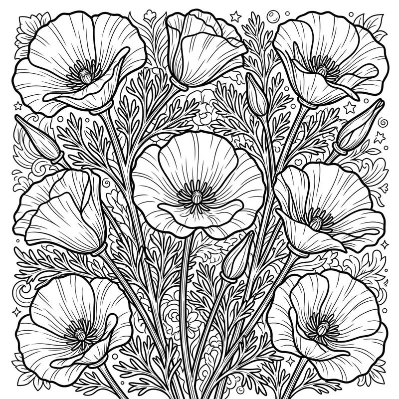 Explore the vibrant beauty of California Poppies with this intricate coloring page designed especially for teens. Featuring detailed floral arrangements and subtle background patterns, it's perfect for a relaxing and creative art session.