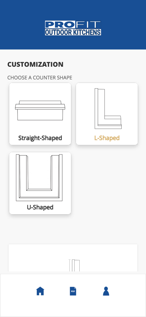 Pro-Fit Kitchen Designer app screen for selecting straight, L-shaped, or U-shaped counter layouts