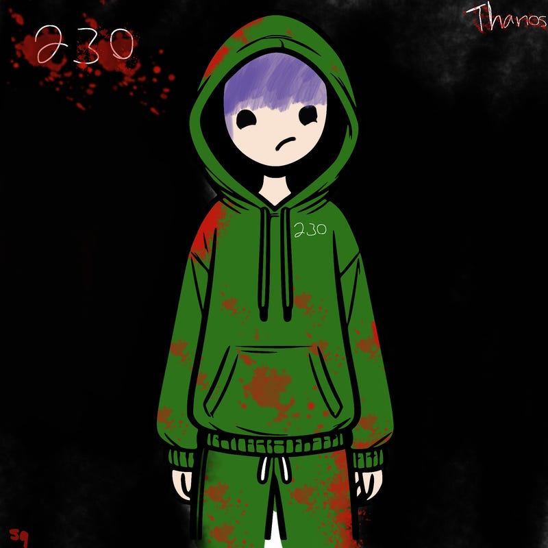 faceless girl in a tracksuit with a hood on and no hair