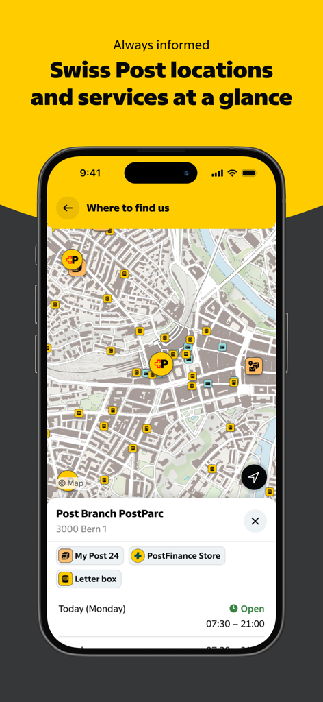 Swiss Post - Swiss Postモバイルアプリが、サービスロケーションと支店の詳細を示す地図を表示