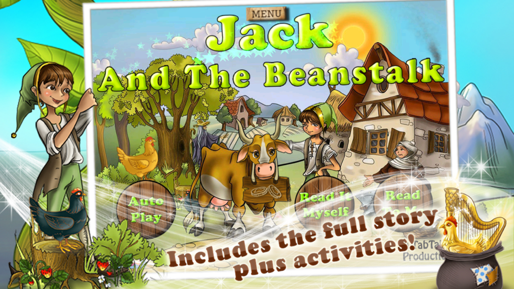 Jack and the Beanstalk Book - Main menu of the Jack and the Beanstalk interactive book app with story characters and reading options.
