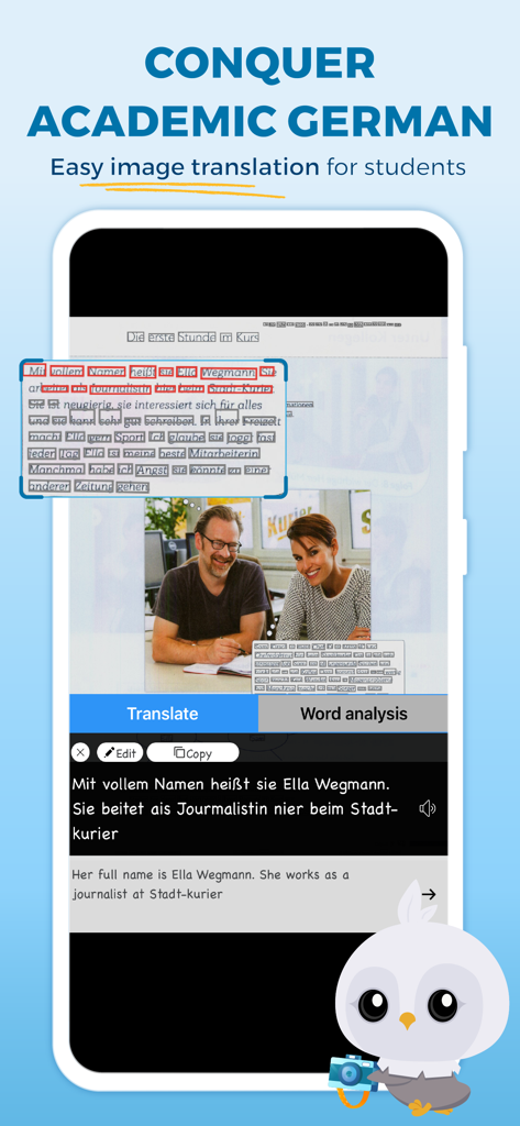 Captura de tela do aplicativo Faztaa mostrando a tradução por câmera convertendo texto alemão em inglês para estudantes