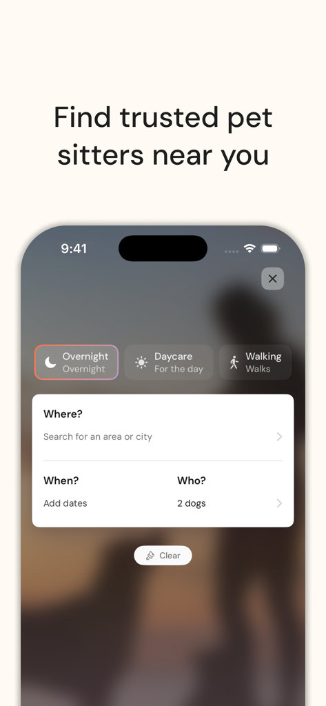 Pethotel - 펫호텔 모바일 앱 인터페이스로 밤샘 펫시팅, 데이케어 및 산책 서비스 검색