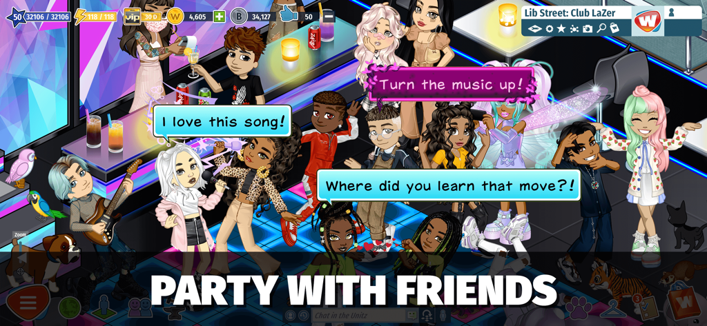 A group of stylish avatars socializing and dancing in a virtual club