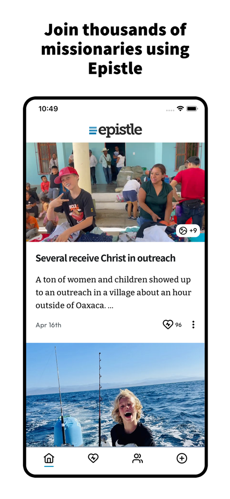 Epistle - Epistle mobile app interface showing a feed of missionary ministry updates with photos and engagement metrics